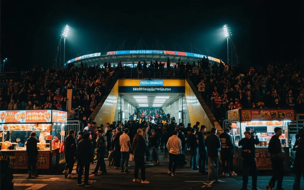 夜晚球场周边散场人流,地铁站入口与街边餐车氛围